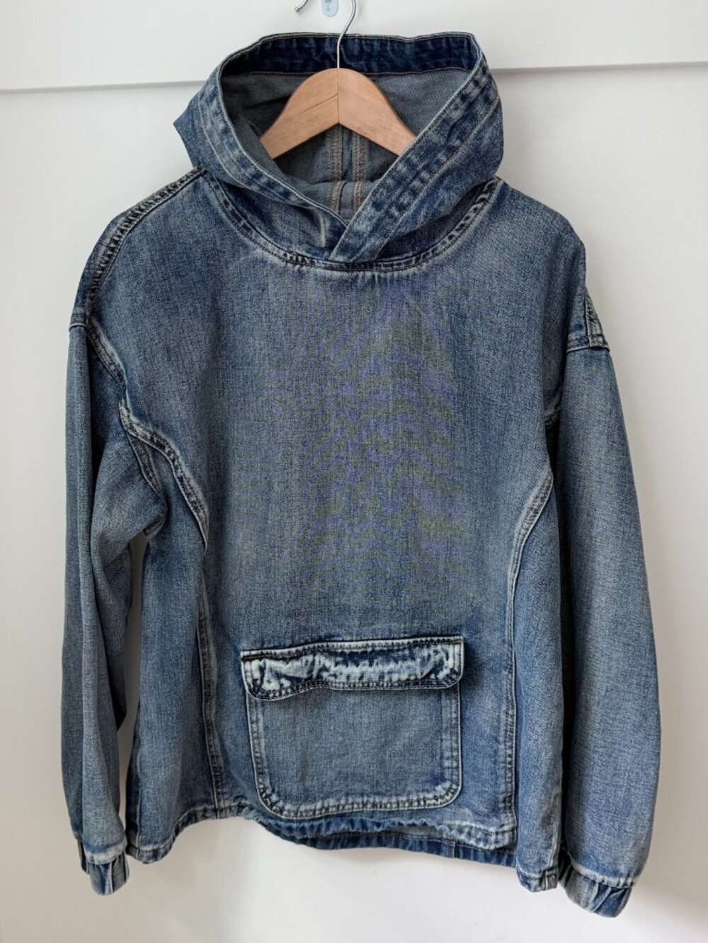 VINTAGE Wash Denim Pullover Hoodie Distressed Jean Sweatshirt